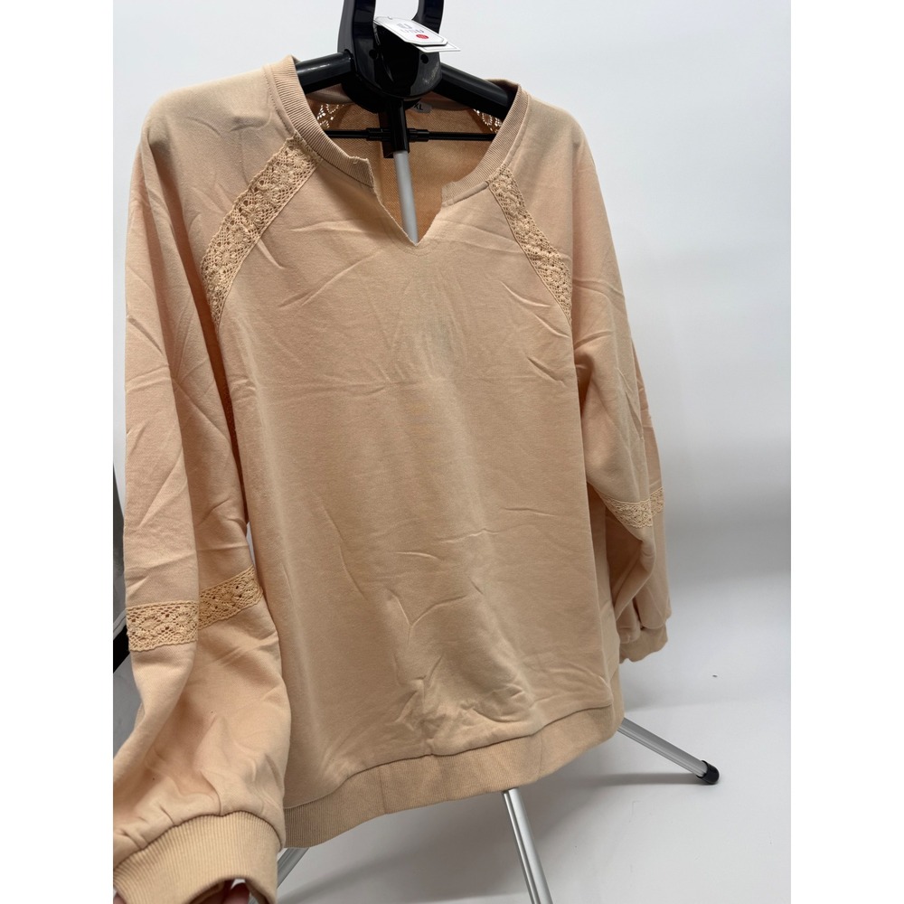 UEU Women Peach Lace Crochet Trim Split V-Neck Sweatshirt 2XL NWT Oversized